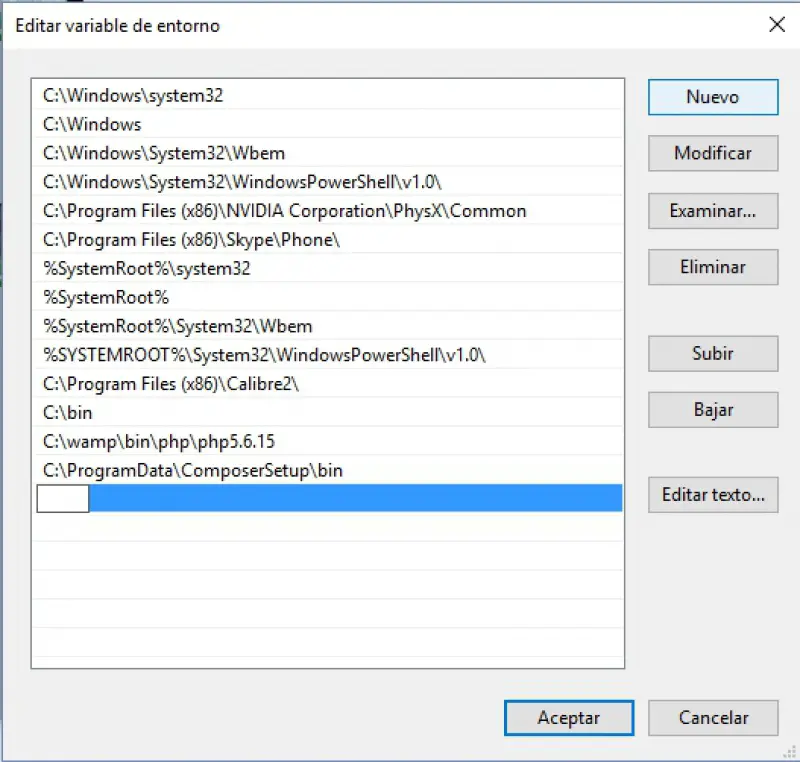 nueva ruta variable de entorno path windows