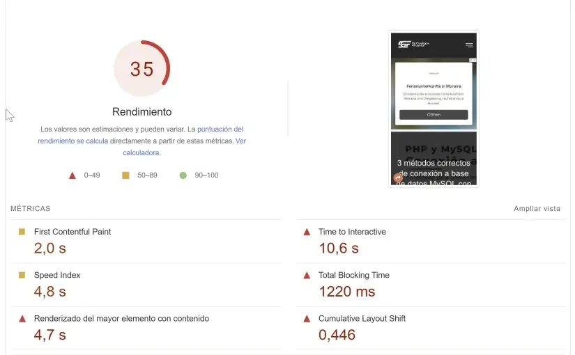 Screenshot de page speed de google