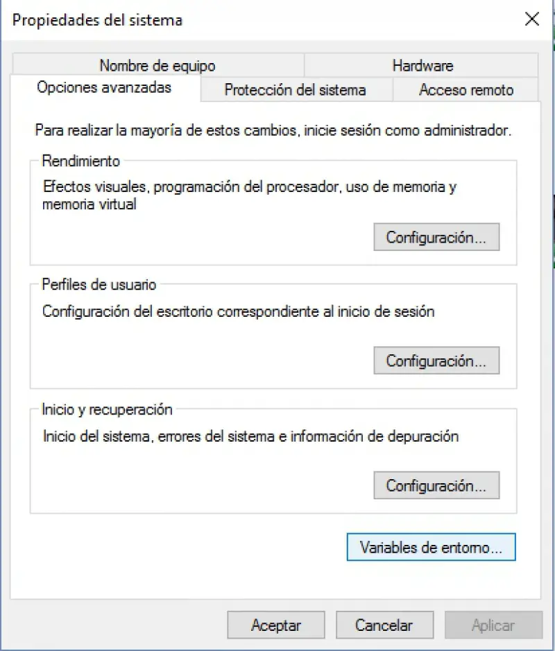 variables de entorno en propiedades del sistema